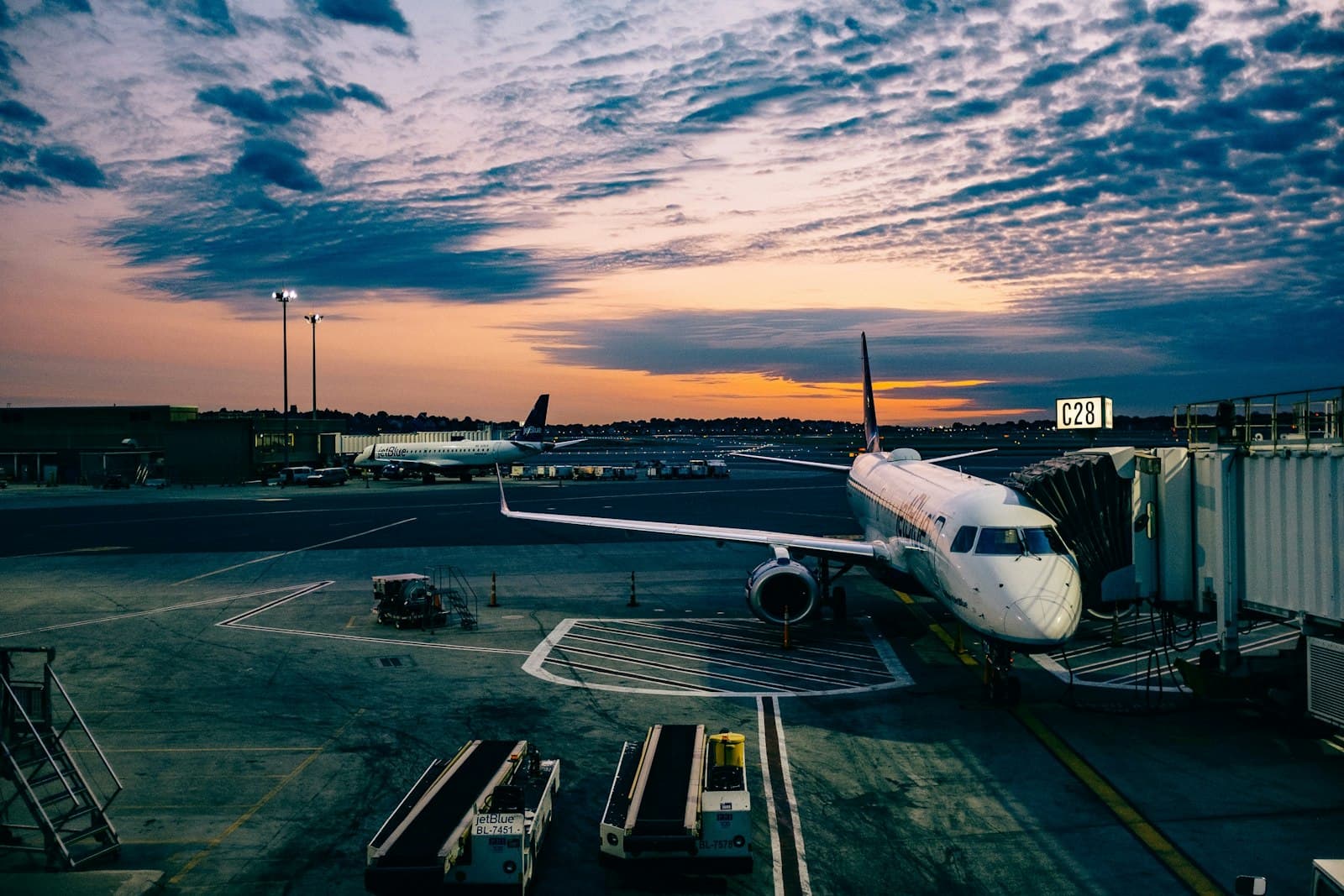 Aircraft at the departure gate at sunset — ready for take-off